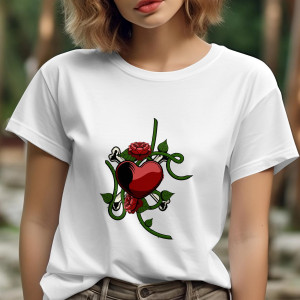 Single Side Rose Design Printed - White T-Shirt - Rounded Neck T-Shirt For Women