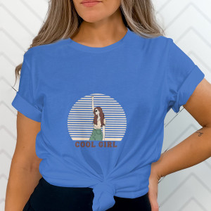 Single Side Cool Girl Design Printed - Blue T-Shirt - Rounded Neck T-Shirt For Women