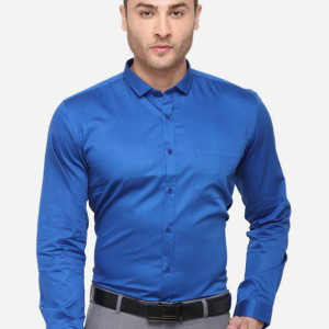 Men's Pure Cotton Royal Blue Solid Slim Fit Formal Full Sleeve Shirt For Men
