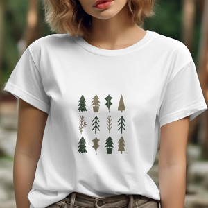 Single Side Trees Design Printed - White T-Shirt - Rounded Neck T-Shirt For Women