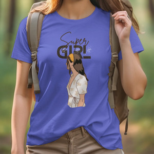 Single Side Super Girl Design Printed - Blue T-Shirt - Rounded Neck T-Shirt For Women