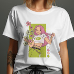 Single Side Girl With Flower Printed - White T-Shirt - Rounded Neck T-Shirt For Women