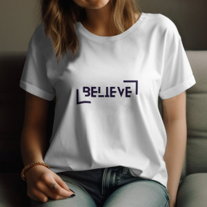 Single Side Believe Printed - Blue T-Shirt - Rounded Neck T-Shirt For Women