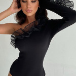 Black one shoulder frill swimwear bodysuit for women