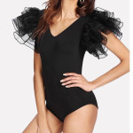 Black net frill swimwear bodysuit for womens