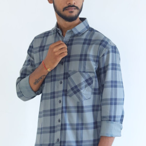 Men's Pure Cotton Regular Fit Formal Gray with Blue Check Design Full Sleeve Shirt For Men
