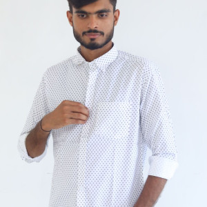 Men's Pure Cotton Regular Fit White with Gray dots Design Full Sleeve Shirt For Men