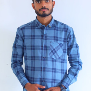 Men's Pure Cotton Regular Fit Light Blue with Dark Blue Check Design Full Sleeve Shirt For Men