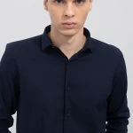 Men's Pure Cotton Navy Blue Solid Slim Fit Formal Full Sleeve Shirt For Men