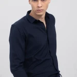 Men's Pure Cotton Navy Blue Solid Slim Fit Formal Full Sleeve Shirt For Men